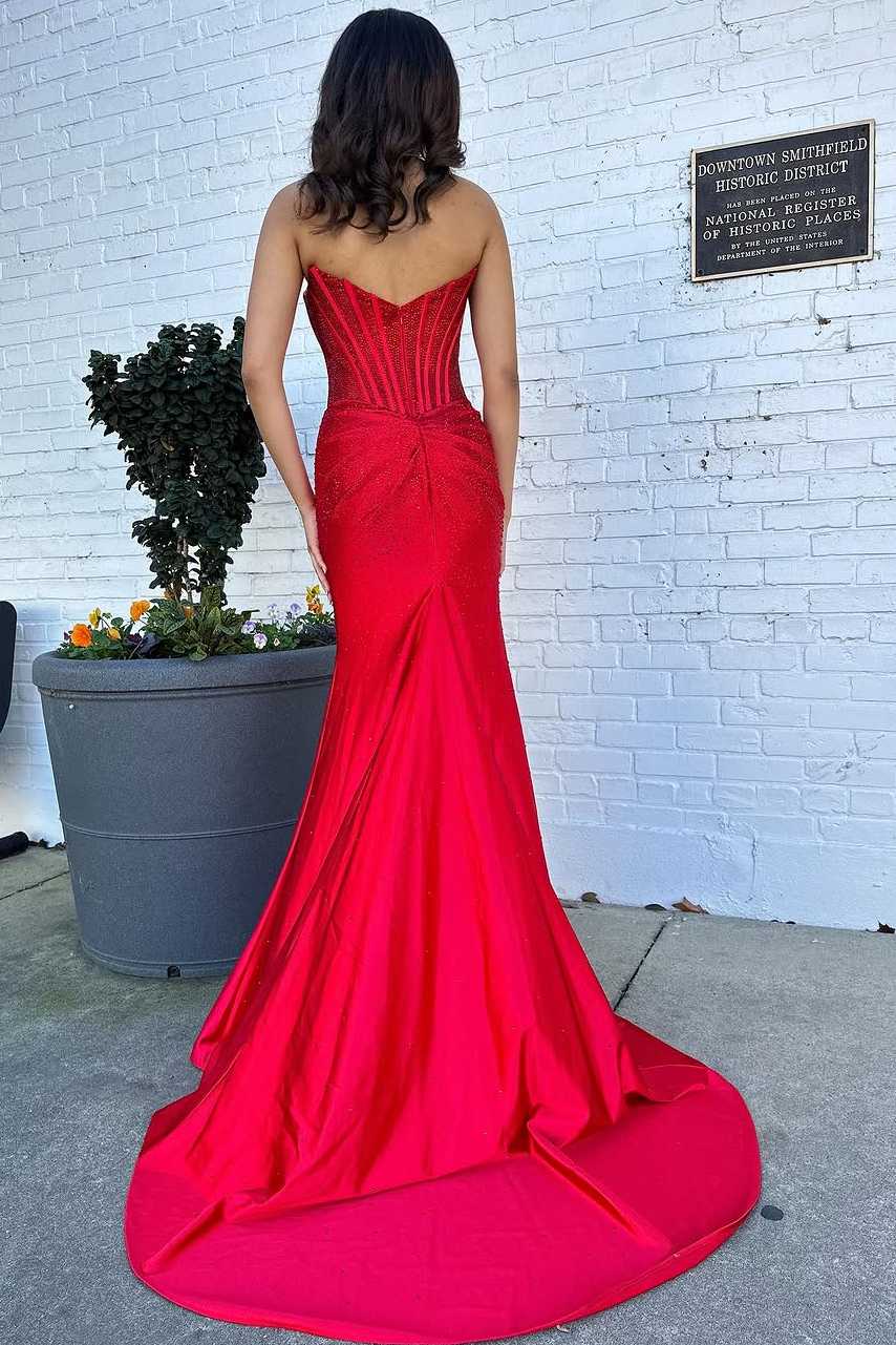 Strapless Rhinestone Pleated Mermaid Long Prom Dress with Slit