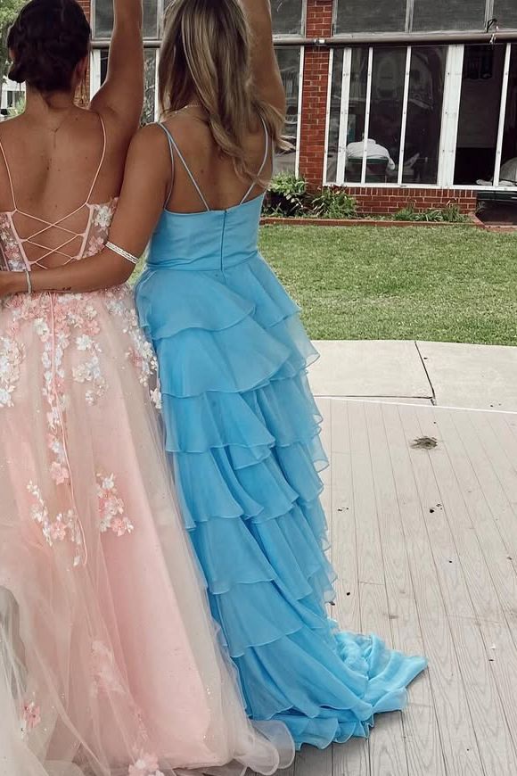 Spaghetti Straps V-Neck Layered Chiffon Sleeveless Long Prom Dress