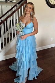 Spaghetti Straps V-Neck Layered Chiffon Sleeveless Long Prom Dress