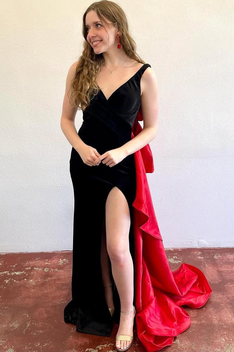 Mermaid V-Neck Straps Side Slit Big Bow Long Formal Prom Dress – Modsele