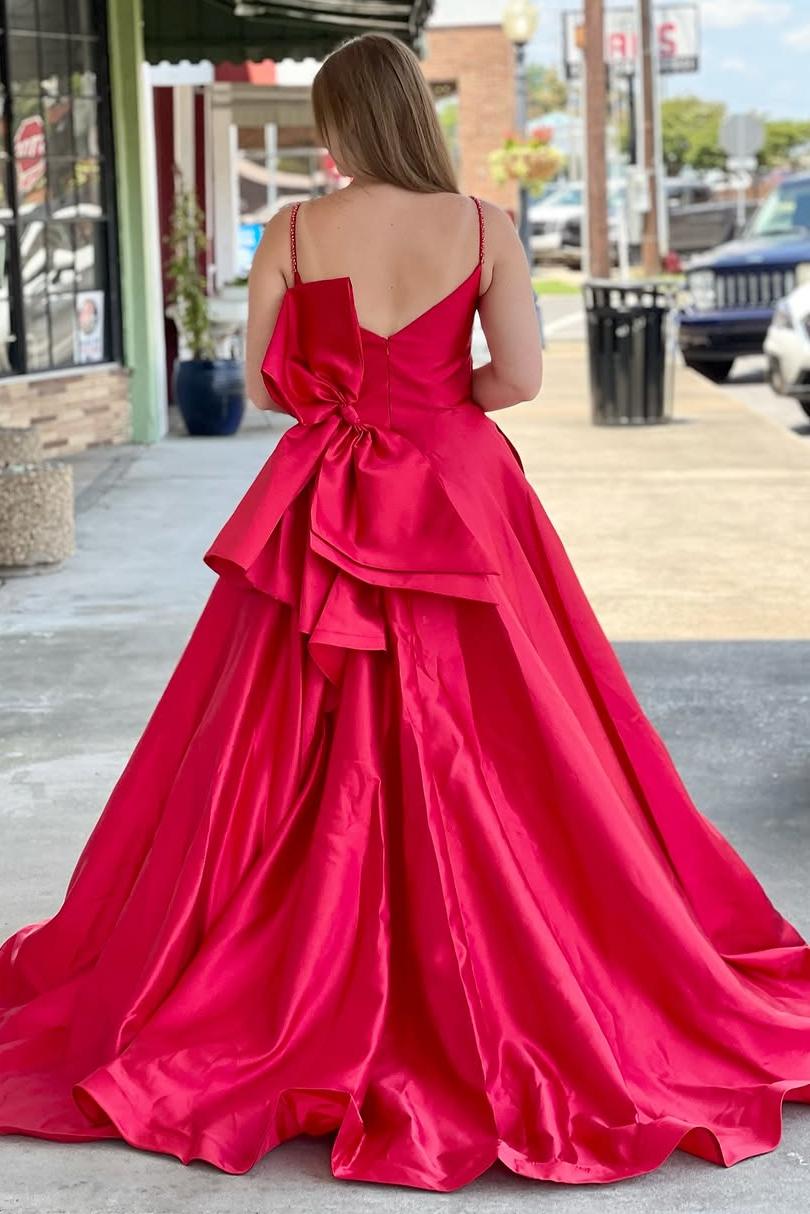 A-Line Spaghetti Straps V-Neck Satin Pleated Formal Prom Dress with Bow