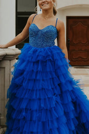 Spaghetti Straps Sweetheart Layered Tulle Formal Prom Dress with Slit