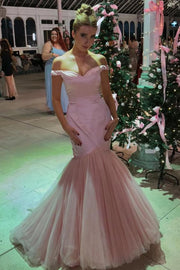 Pink Off-Shoulder V-Neck Mermaid Pleated Tulle Formal Prom Dress