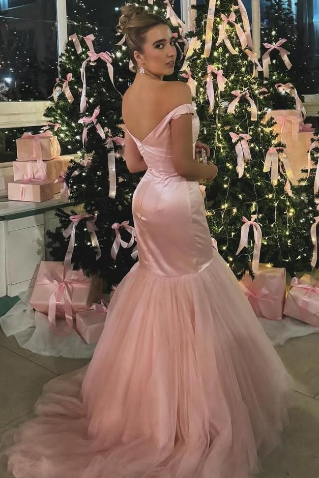 Pink Off-Shoulder V-Neck Mermaid Pleated Tulle Formal Prom Dress