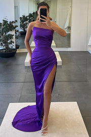 Strapless Satin Pleated Mermaid Sleeveless High Slit Long Prom Dress