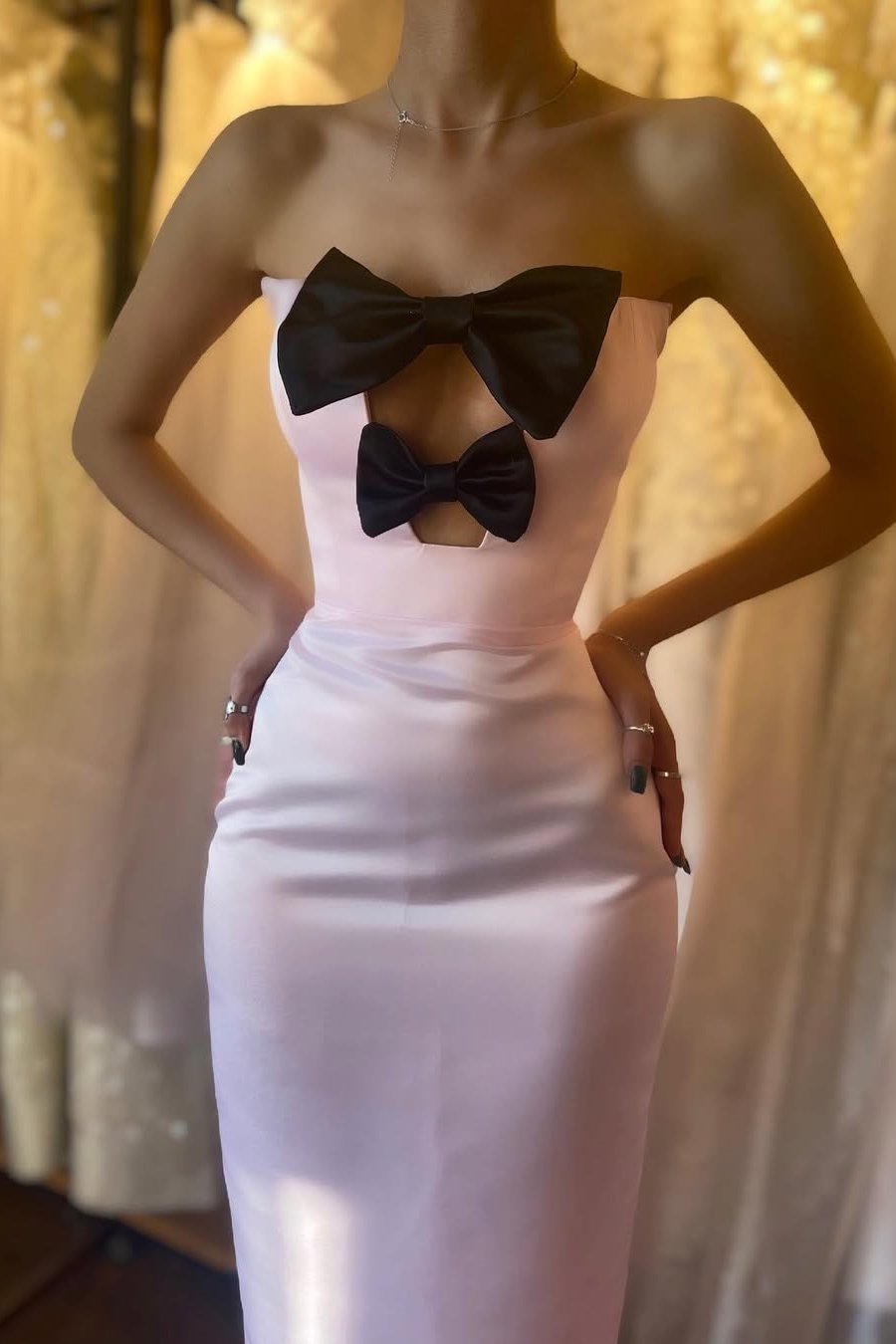 Pink Strapless Bows Sheath Satin Pleated Formal Long Prom Dress