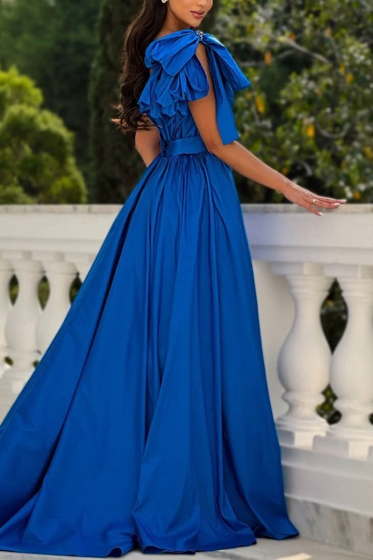 A-Line One Shoulder Satin Pleated High Slit Formal Prom Dress with Bow