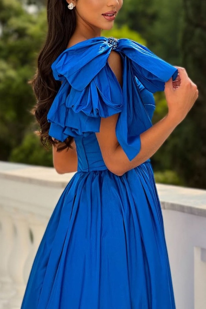 A-Line One Shoulder Satin Pleated High Slit Formal Prom Dress with Bow