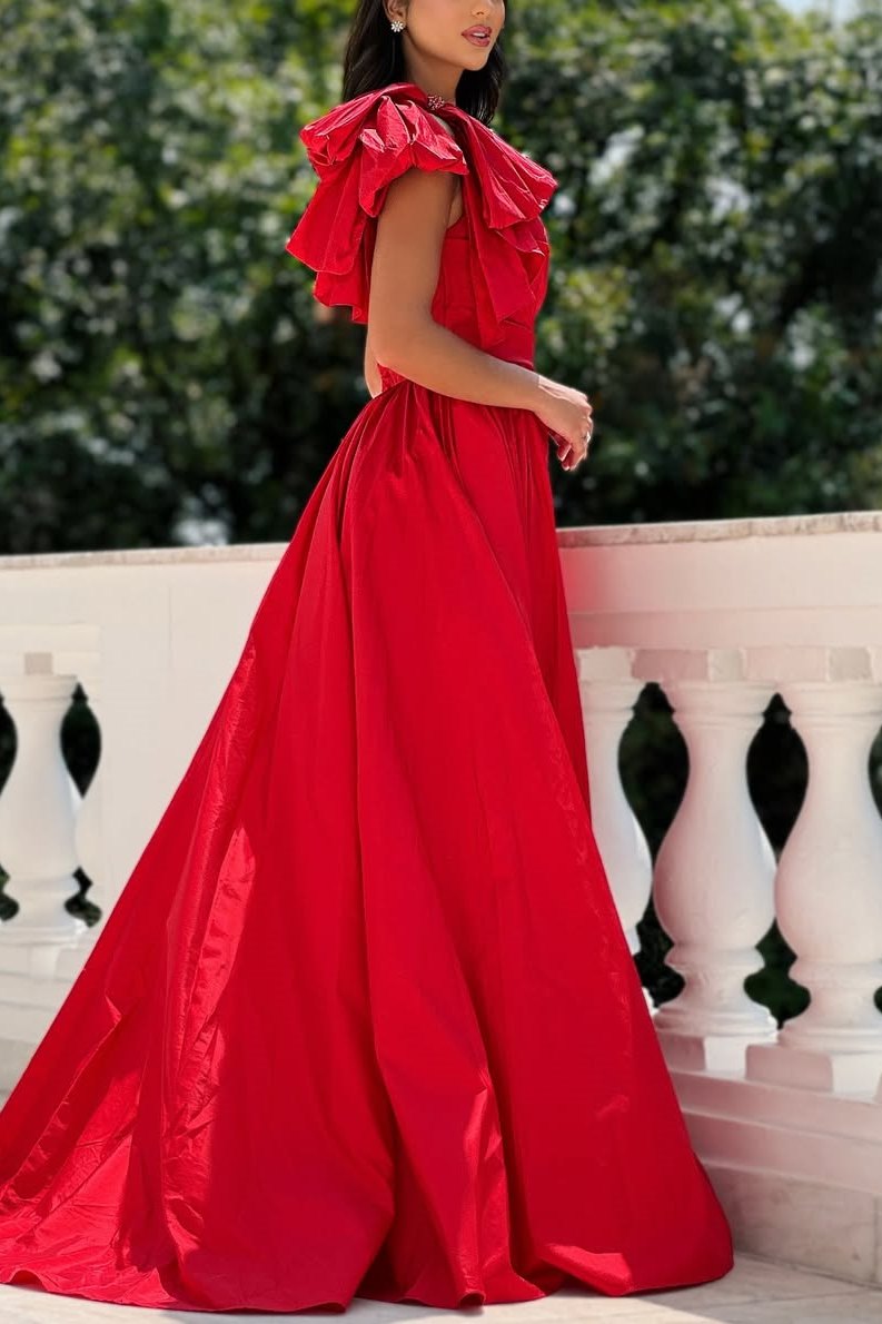 A-Line One Shoulder Satin Pleated High Slit Formal Prom Dress with Bow