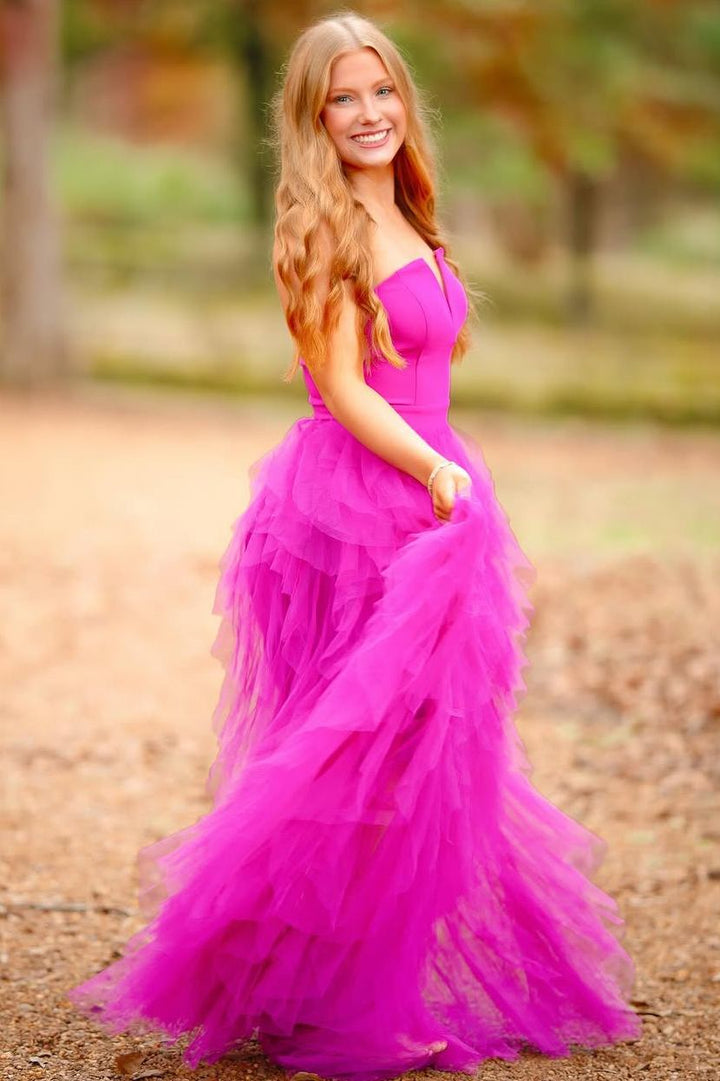 A-Line Strapless Layered Tulle Sleeveless Empire-Waist Long Prom Dress
