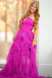 A-Line Strapless Layered Tulle Sleeveless Empire-Waist Long Prom Dress