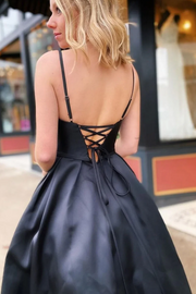 Black Spaghetti Straps V-Neck Beads Satin Long Formal Prom Dress