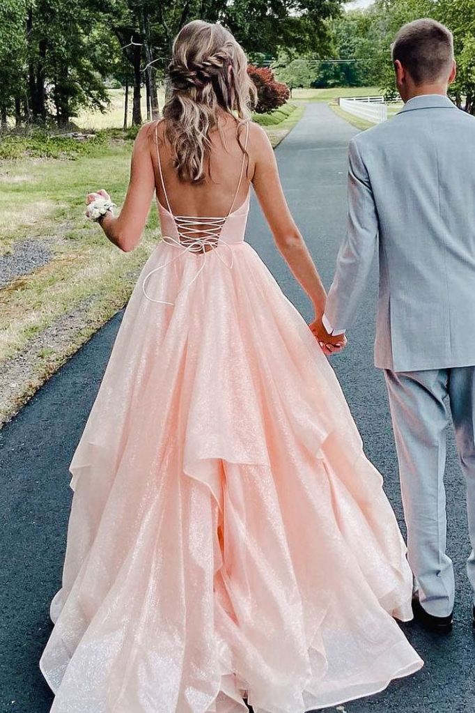 Pink Spaghetti Straps V-Neck Ruffles Sleeveless Long Prom Dress