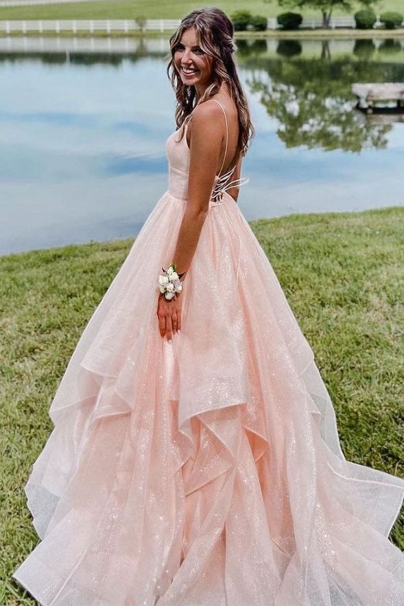 Pink Spaghetti Straps V-Neck Ruffles Sleeveless Long Prom Dress