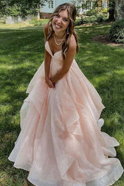 Pink Spaghetti Straps V-Neck Ruffles Sleeveless Long Prom Dress