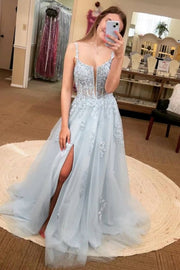 Elegant Straps A-Line Empire-Waist Lace Appliques Prom Dress with Slit