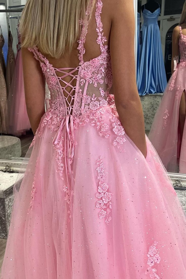 Elegant Straps A-Line Empire-Waist Lace Appliques Prom Dress with Slit