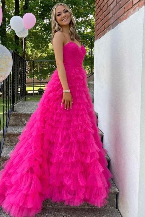 Hot Pink Spaghetti Straps Layered Tulle Sweetheart Long Prom Dress