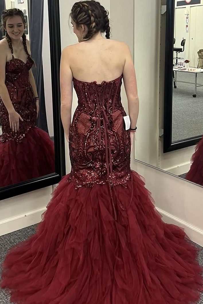 Burgundy Strapless Sequins Appliques Mermaid Ruffles Formal Prom Dress