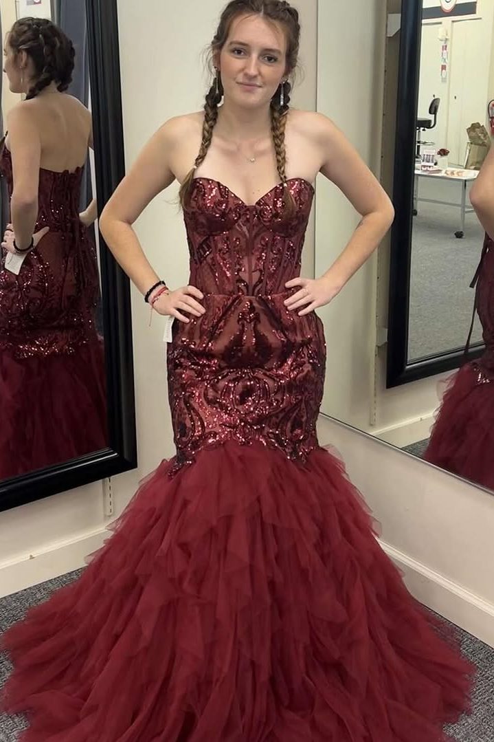 Burgundy Strapless Sequins Appliques Mermaid Ruffles Formal Prom Dress