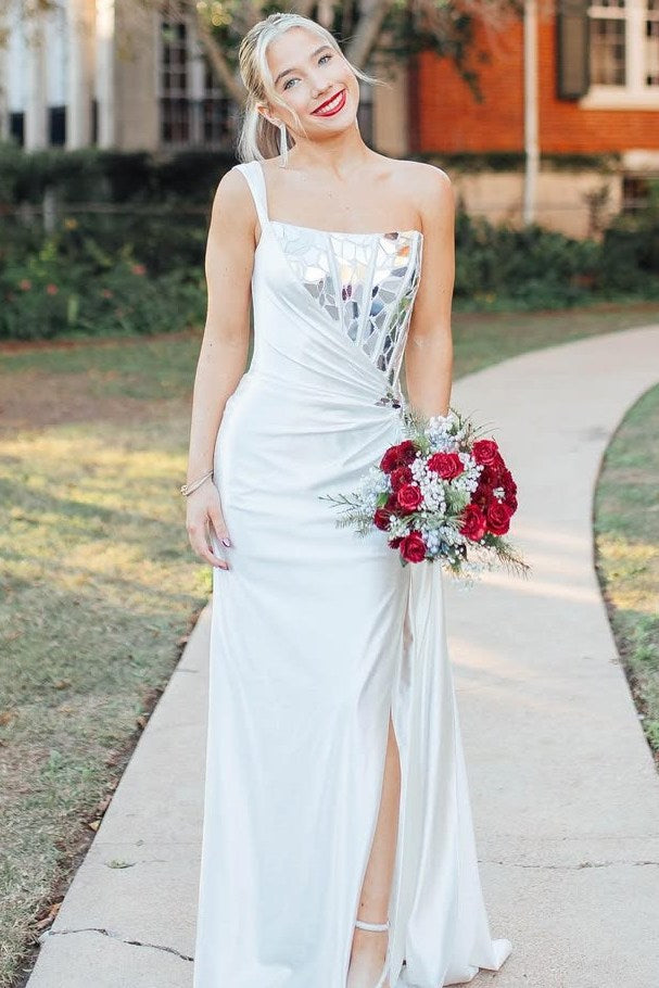 strapless open back dress White One Shoulder Square Neck Mirror-Cut Sequins Prom Dress with Slit –  Modsele