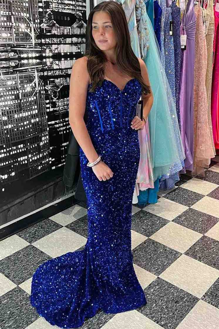 Sparkly Strapless Sweetheart Sequins Mermaid Prom Party Dress