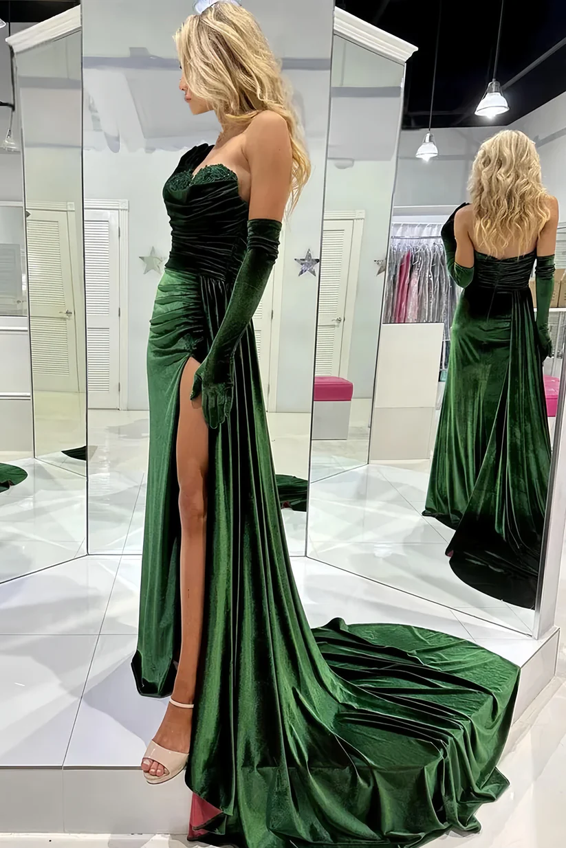 Green Strapless Velvet Mermaid Pleated Formal Prom Dress with Slit