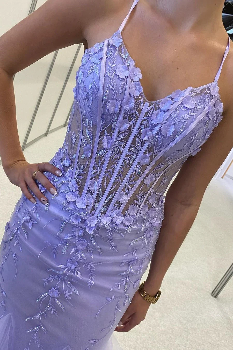 Lilac Spaghetti Straps Appliques Sleeveless Ruffles Long Prom Dress