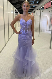 Lilac Spaghetti Straps Appliques Sleeveless Ruffles Long Prom Dress