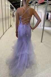 Lilac Spaghetti Straps Appliques Sleeveless Ruffles Long Prom Dress