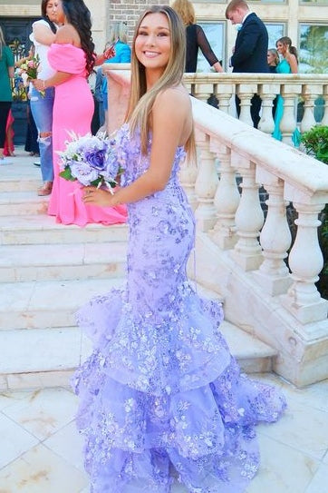 Stunning V-Neck Spaghetti Straps Appliques Mermaid Prom Dress Purple