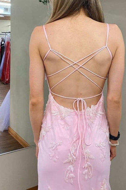 Pink Spaghetti Straps V-Neck Appliques Sleeveless Prom Dress