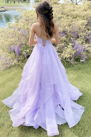 Lilac A-Line Spaghetti Straps V-Neck Ruffles Long Prom Dress