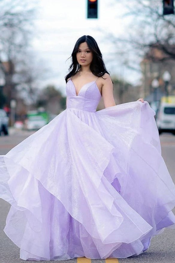 Lilac A-Line Spaghetti Straps V-Neck Ruffles Long Prom Dress