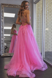 Pink A-Line V-Neck Spaghetti Straps Appliques Prom Dress