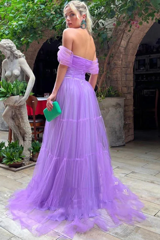 Off-Shoulder Sweetheart A-Line Empire-Waist Tulle Formal Prom Dress