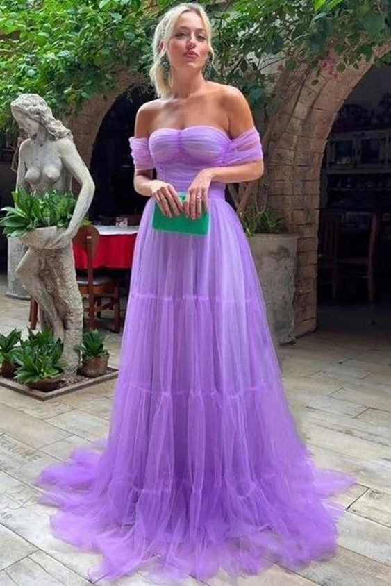 Off-Shoulder Sweetheart A-Line Empire-Waist Tulle Formal Prom Dress