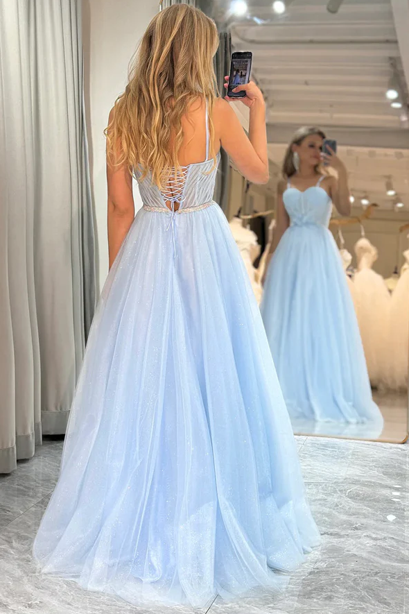 A-Line Spaghetti Straps Appliques Sweetheart Tulle Prom Dress