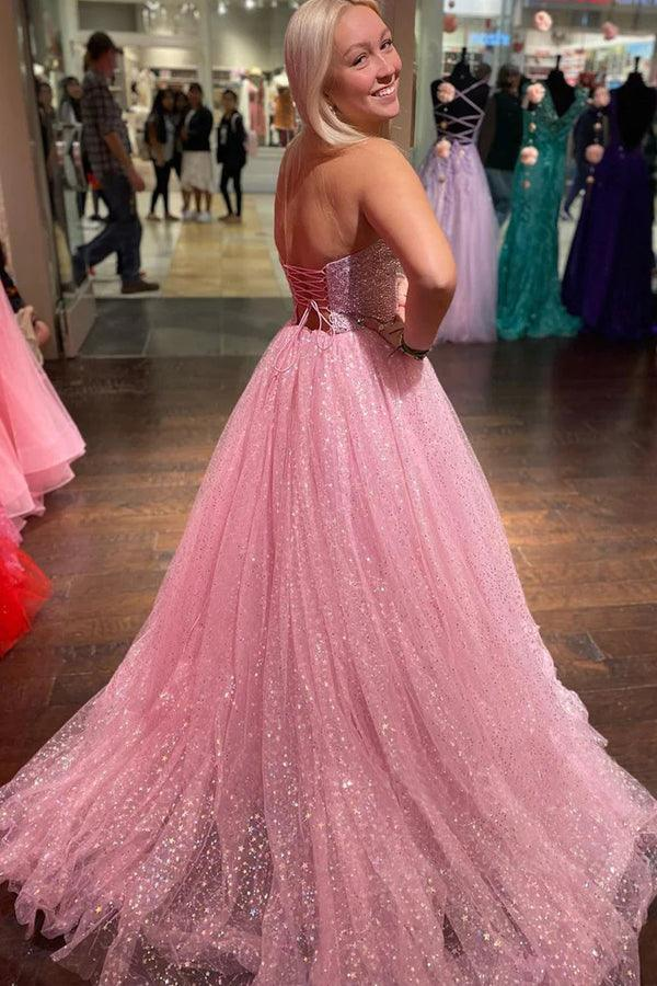 Pink Strapless Sweetheart A-Line Star Tulle Long Formal Prom Dress