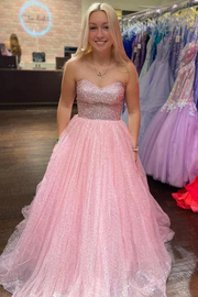 Pink Strapless Sweetheart A-Line Star Tulle Long Formal Prom Dress