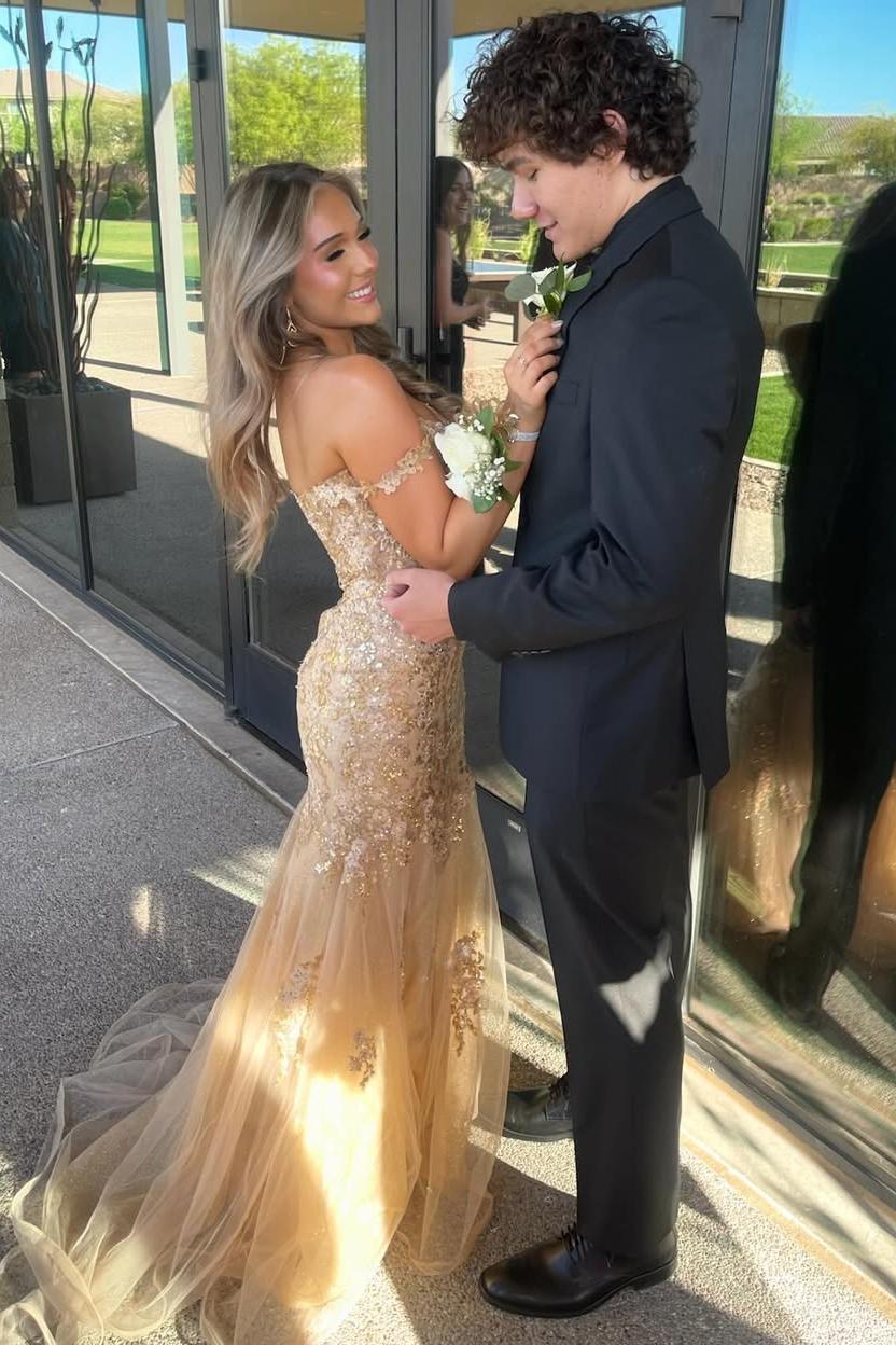 Off-Shoulder V-Neck Sequins Appliques Mermaid Formal Prom Dress