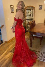 Red Off-Shoulder Sweetheart Appliques Mermaid Long Formal Prom Dress