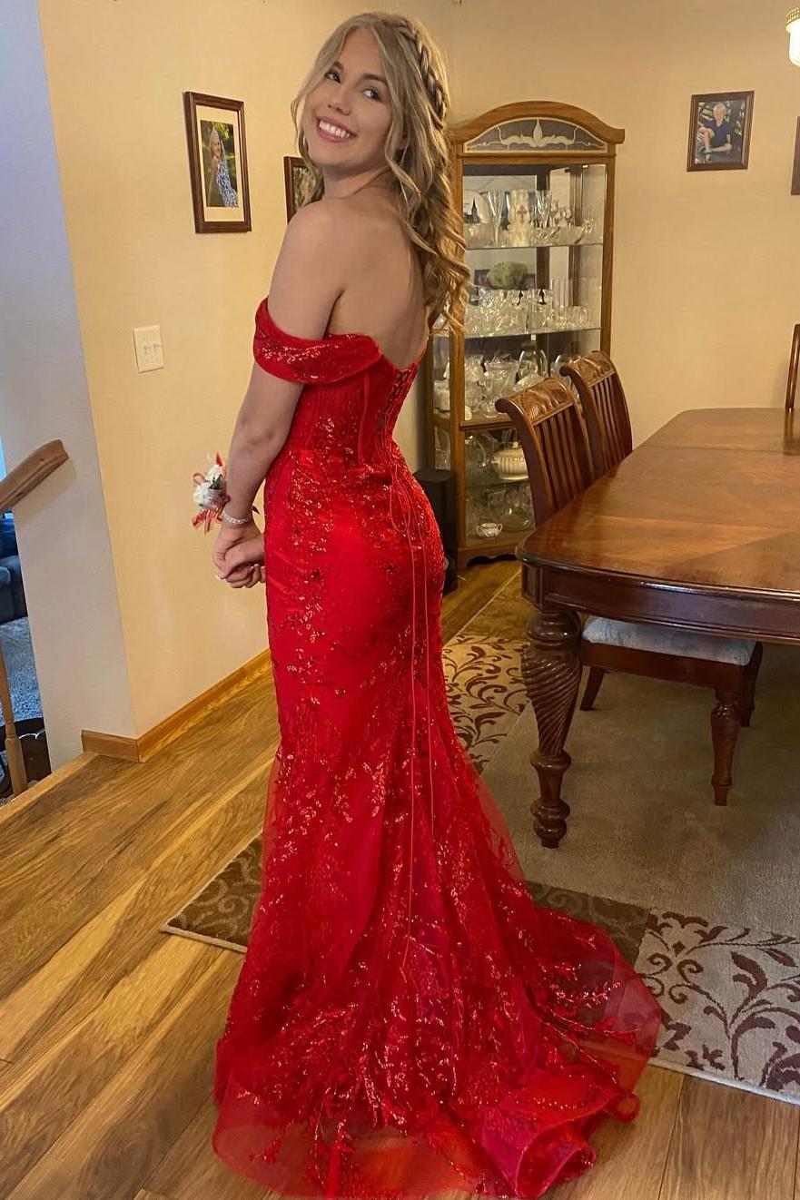 Red Off-Shoulder Sweetheart Appliques Mermaid Long Formal Prom Dress