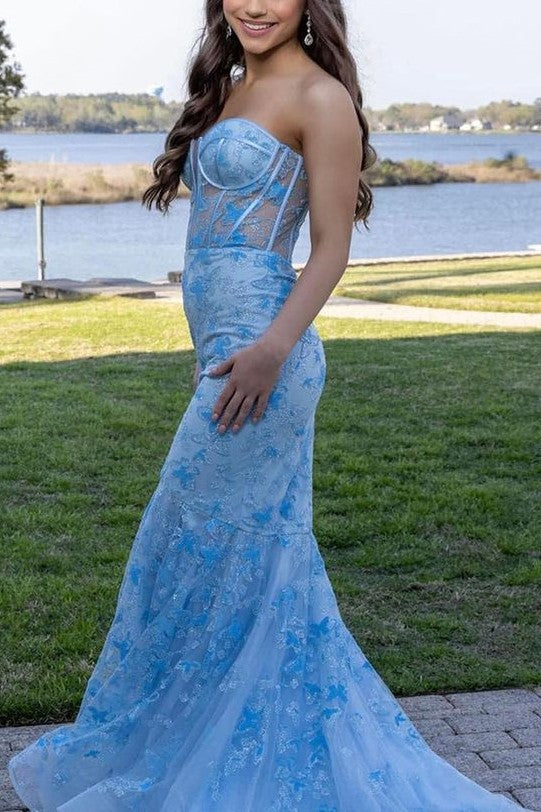 Blue Strapless Lace Appliques Sleeveless Mermaid Formal Prom Dress