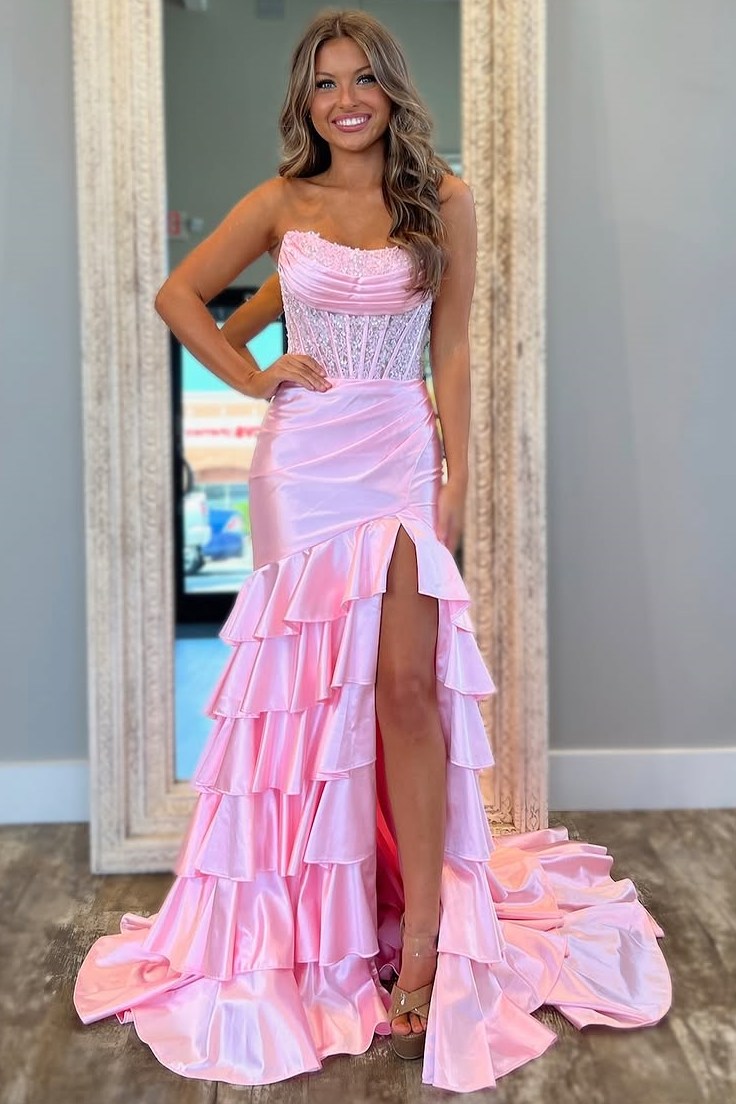 Pink Strapless Scoop Layered Pleated Mermaid Prom Dress with Slit