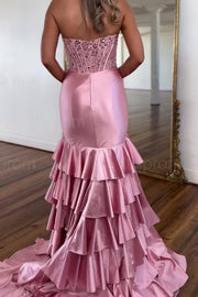 Pink Strapless Scoop Layered Pleated Mermaid Prom Dress with Slit