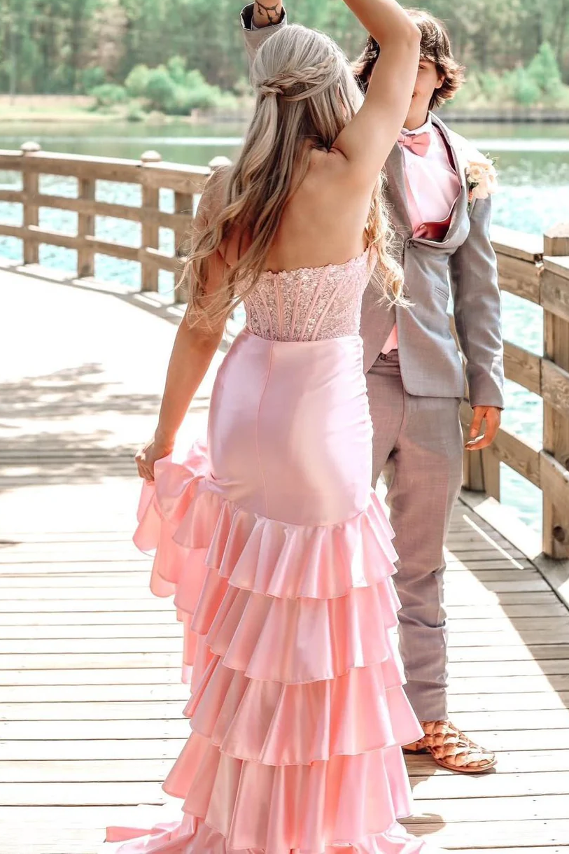 Pink Strapless Scoop Layered Pleated Mermaid Prom Dress with Slit