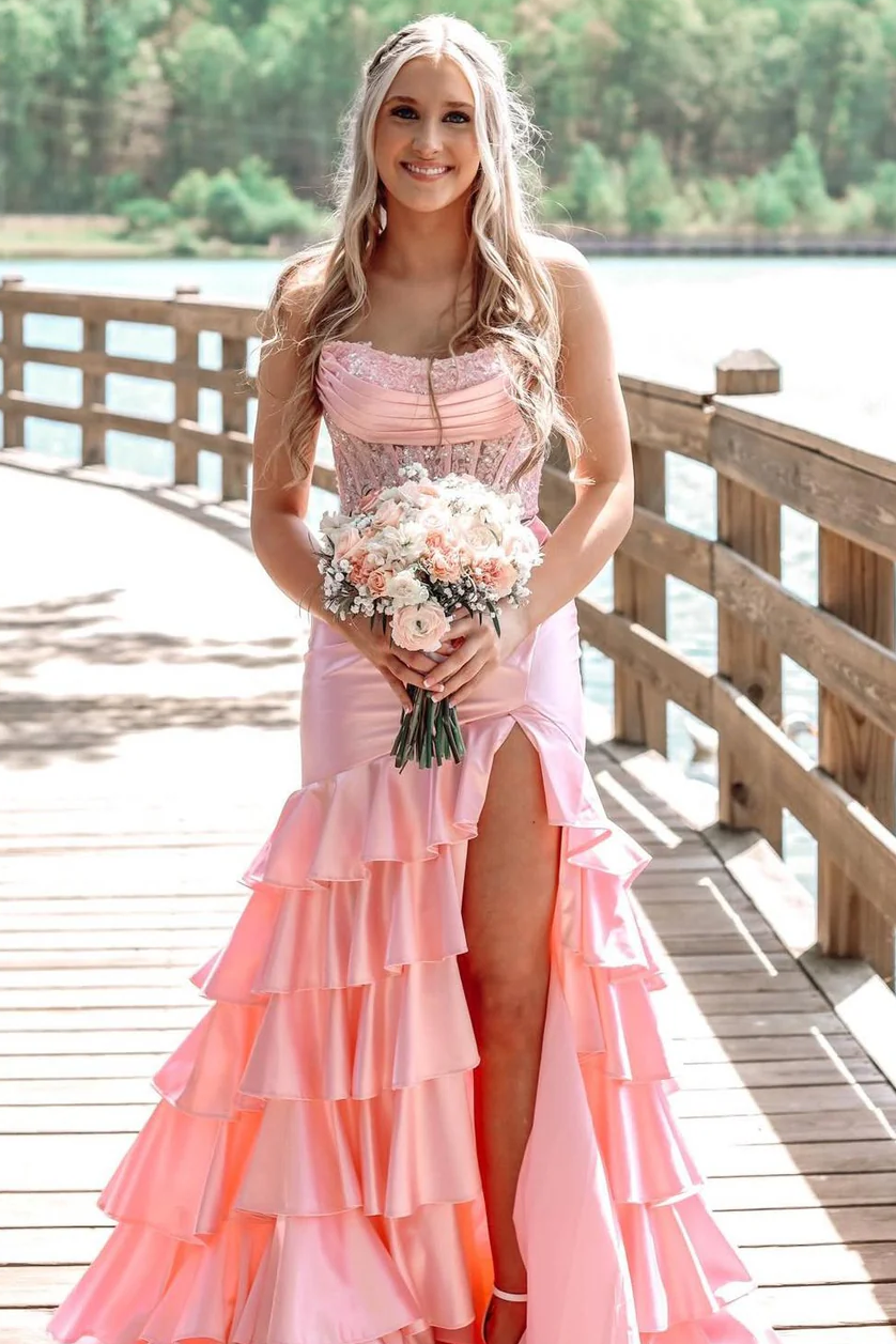 Pink Strapless Scoop Layered Pleated Mermaid Prom Dress with Slit