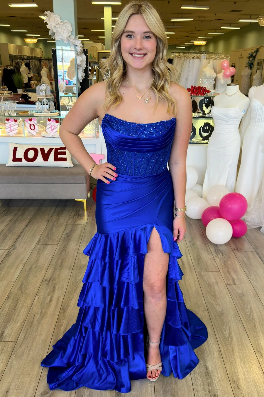 Pink Strapless Scoop Layered Pleated Mermaid Prom Dress with Slit