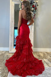 Red Strapless V-Neck Mermaid Pleated Layered Long Prom Dress with Slit